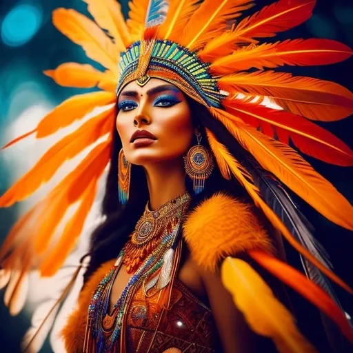 Prompt: Native American eagle shaman woman with beautiful face, vibrant orange and gold feathers, ethereal lighting, high-res, digital art, realism, cosmic, vibrant, detailed, professional, colorful, mystical aura, intricate details, mesmerizing gaze, intricate headdress, glowing energy, otherworldly beauty, radiant complexion, cosmic energy, professional digital art, high quality