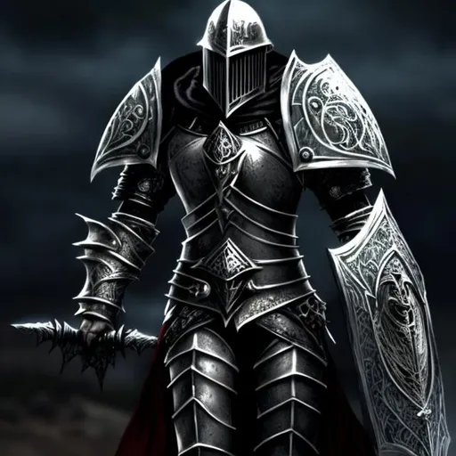 Prompt: Fantasy knight in black armor, medieval fantasy style, intricate designs, menacing presence, high quality, detailed, heroic, dark tones, atmospheric lighting