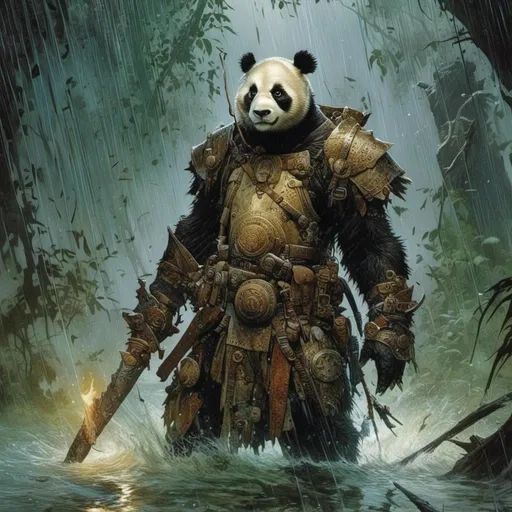 Prompt: <mymodel>A  full body portrait for the concept character design of 

a threatening fierceful anthropomorphic panda bear
paladin crossing a gloomy flooded mangroove in  the middle  of a  rainstorm

, a stunning Frank Frazetta masterpiece by  Donato  Giancola  and  Terese Nielsen

, neat and clean composition made of neat and clear tangents full of negative space 

, ominous dramatic lighting with detailed shadows and highlights enhancing depth of perspective and 3D volumetric drawing

, a vibrant and colorful painting in HDR