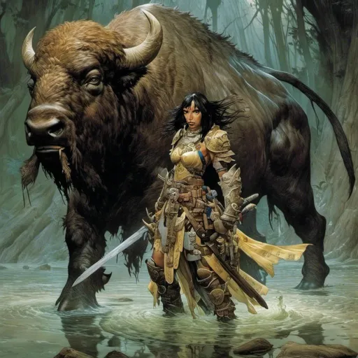 Prompt: <mymodel>A  full body portrait for the concept character design of 

a threatening fierceful anthropomorphic buffalo
paladin crossing a gloomy flooded mangroove
, a stunning Frank Frazetta masterpiece by  Donato  Giancola  and  Terese Nielsen

, neat and clean composition made of neat and clear tangents full of negative space 

, ominous dramatic lighting with detailed shadows and highlights enhancing depth of perspective and 3D volumetric drawing

, a vibrant and colorful painting in HDR