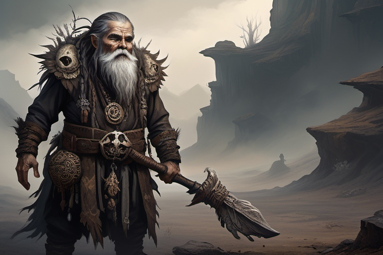 Prompt: (full-body) concept art of high fantasy wizened old male gnome deathspeaker shaman, oil painting, dark atmospheric lighting, high fantasy, highly detailed background, dark gritty tones, professional illustration, painted, art, painterly, thick gray and brown hair, thick gray and brown beard, crazed crazy possessed wild expression, shamanistic staff with skulls tied to it, shaman robes, soft shadows, soft highlights, very short subject, standing in highly detailed desolate wasteland background, windswept charred misty foggy rocky craggy dead wasteland background, skull and bone tribal fetishes, alchemical component pouches attached to belt, shamanistic tribal headdress, 