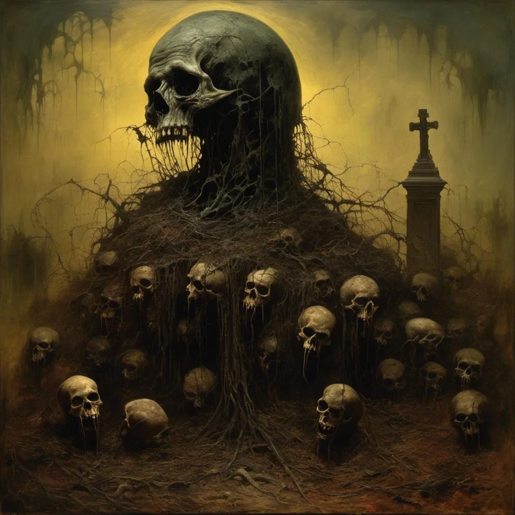 Prompt: <mymodel>surreal masterpiece painting of a carnivorous hannah jeter, (in the styles of james gurney, Zdzislaw Beksinski, max earnst), Noose, Tombstone, Funeral Urn