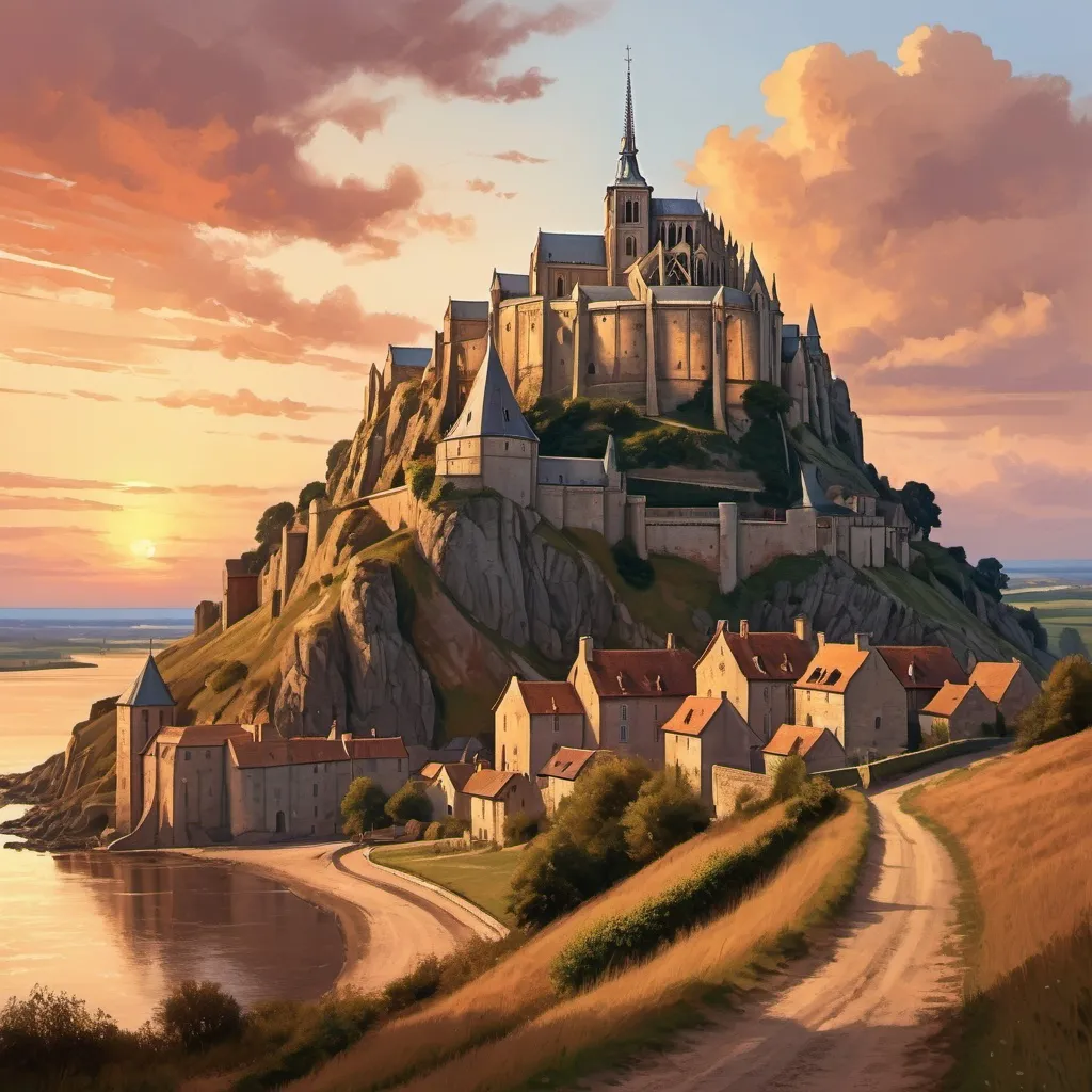 Prompt: Beautiful, detailed digital painting of Mont St. Michael, picturesque French landscape, medieval abbey and village, sunset glow, warm color tones, high quality, digital painting, medieval architecture, picturesque landscape, warm sunset glow, detailed textures, professional, atmospheric lighting