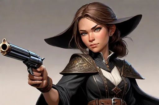 Prompt: Dungeons and Dragons character art of petite female gunslinger, she's noble and gambling charlatan, she wears a black peasant dress and holds a pepperbox firearm gun, digital art, high detailed, masterpiece, dynamic pose shooting sniper, Percival de Rolo as female