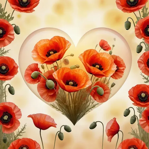 Prompt: Large heart shape with several semi-transparent poppies, dominant center poppy, yellowish mottled background, 4K quality, semi-realistic style, warm tones, soft lighting, detailed petals, floral design, ethereal atmosphere