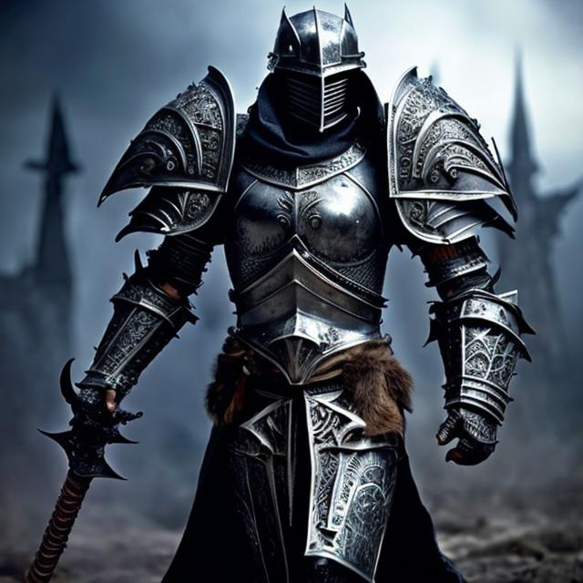 Prompt: Fantasy knight in black armor, Full Body,medieval fantasy style, intricate designs, menacing presence, high quality, detailed, heroic, dark tones, atmospheric lighting, fighting poses.