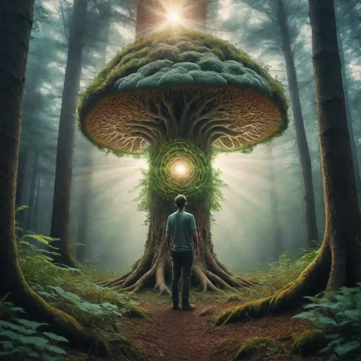 Prompt: Man turning into a tree with plants reaching to him, stood in the middle of forest, psychedelic mushrooms, beam of light, gnarly trees, becoming one with nature 