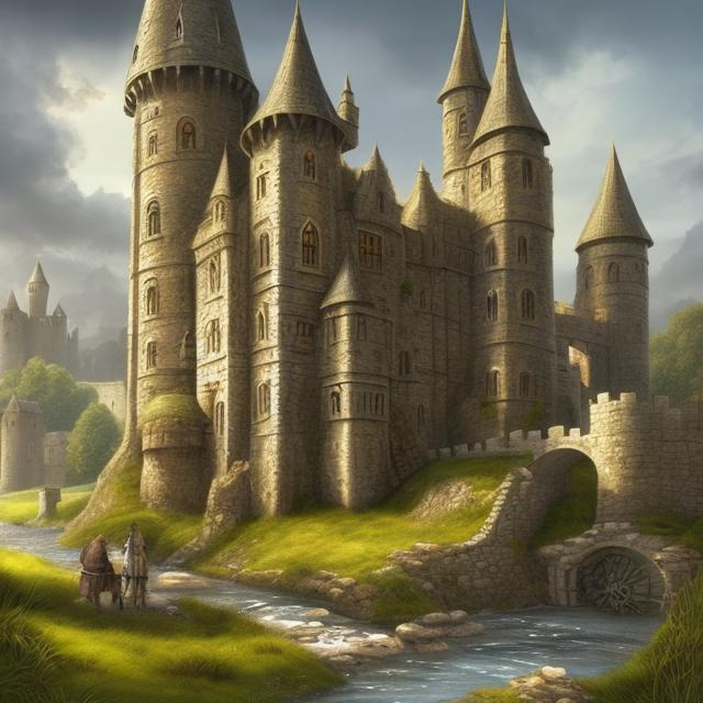 Prompt: Medieval fantasy illustration of a small castle by a tranquil river with fields, lush greenery, enchanting setting, high quality, detailed, fantasy, medieval, castle, river, lush greenery, enchanting, atmospheric lighting