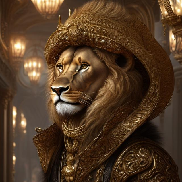 Prompt: Humanoid Lion in a long gold peacoat and wide-brimmed hat, luxurious fabric with intricate details, intense and piercing gaze, fantasy art, opulent gold tones, dramatic lighting, high-res, ultra-detailed, fantasy, luxurious, detailed fur, regal, opulent, extravagant, wide-brimmed hat, humanoid, fierce presence