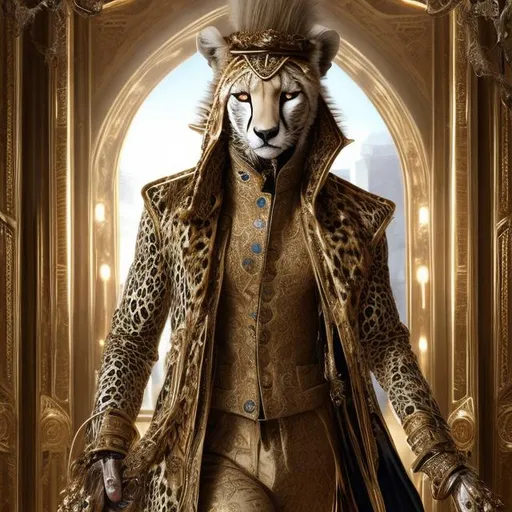 Prompt: Humanoid white cheetah in a long gold peacoat and wide-brimmed hat, luxurious fabric with intricate details, intense and piercing gaze, fantasy art, opulent gold tones, dramatic lighting, high-res, ultra-detailed, fantasy, luxurious, detailed fur, regal, opulent, extravagant, wide-brimmed hat, humanoid, fierce presence