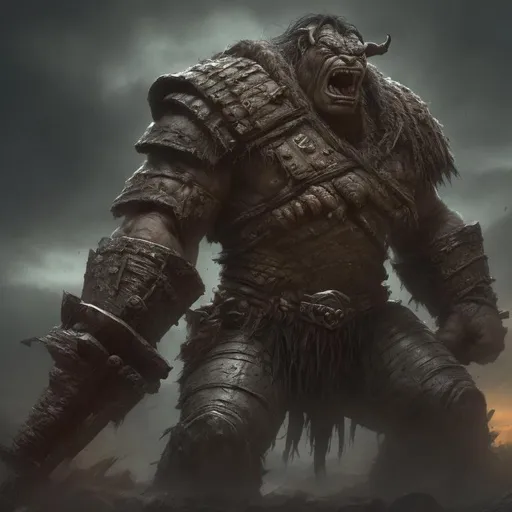 Prompt: Giant, intimidating orc with weathered armor, epic fantasy, rugged texture, high resolution, realistic fantasy, earthy tones, dramatic lighting, battle-worn, fantasy, ultra high quality, detailed muscles, epic fantasy art, menacing presence, massive, atmospheric lighting