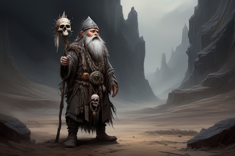 Prompt: (full-body) concept art of high fantasy wizened old male gnome deathspeaker shaman, oil painting, dark atmospheric lighting, high fantasy, highly detailed background, dark gritty tones, professional illustration, painted, art, painterly, thick gray and brown hair, thick gray and brown beard, crazed crazy possessed wild expression, shamanistic staff with skulls tied to it, shaman robes, soft shadows, soft highlights, very short subject, standing in highly detailed desolate wasteland background, windswept charred misty foggy rocky craggy dead wasteland background, skull and bone tribal fetishes, alchemical component pouches attached to belt, shamanistic tribal headdress, 