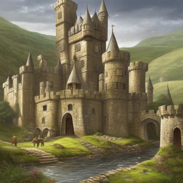 Prompt: Medieval fantasy illustration of a small castle by a tranquil river with fields, lush greenery, enchanting setting, high quality, detailed, fantasy, medieval, castle, river, lush greenery, enchanting, atmospheric lighting