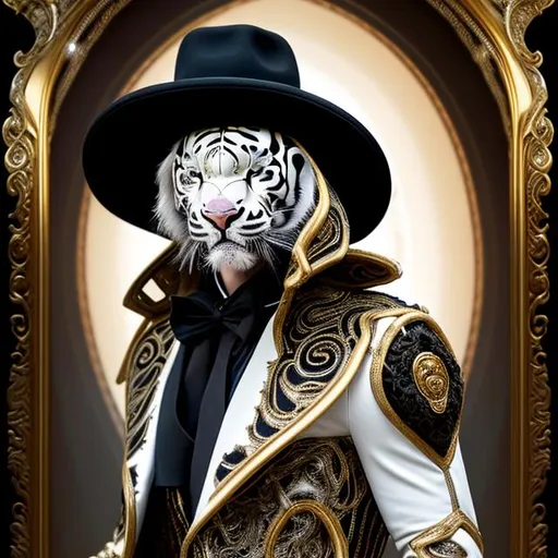 Prompt: Humanoid White Tiger in a long gold & white peacoat and wide-brimmed Black hat, luxurious fabric with intricate details, intense and piercing gaze, fantasy art, opulent gold tones, dramatic lighting, high-res, ultra-detailed, fantasy, luxurious, detailed fur, regal, opulent, extravagant, wide-brimmed hat, humanoid, fierce presence