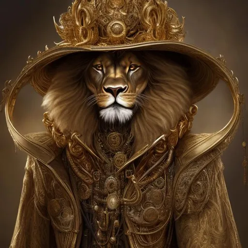 Prompt: Humanoid Lion in a long gold peacoat and wide-brimmed hat, luxurious fabric with intricate details, intense and piercing gaze, fantasy art, opulent gold tones, dramatic lighting, high-res, ultra-detailed, fantasy, luxurious, detailed fur, regal, opulent, extravagant, wide-brimmed hat, humanoid, fierce presence