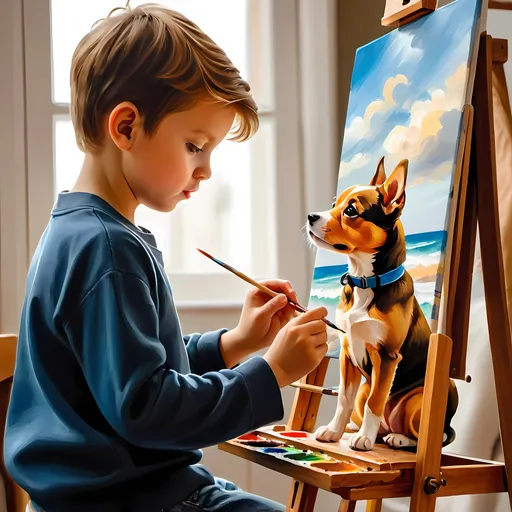 Prompt: Oil painting of a boy painting a picture of a cute dog at an easel, vibrant brushstrokes, detailed facial expression, warm tones, soft natural lighting, high quality, realistic, detailed background, rich texture, traditional art, focused concentration, artsy atmosphere