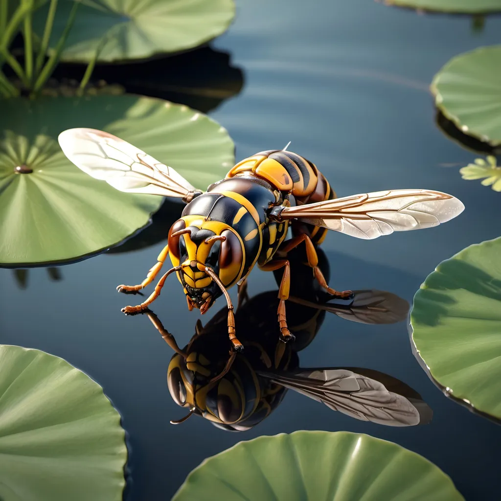 Prompt: hyper realistic hornet over a pond, 3D bas relief, extremely detailed, 4k, HDR, nature, realistic, high definition, detailed texture, detailed wings, intricate details, lifelike, reflective surface, bas relief, pond, realistic lighting