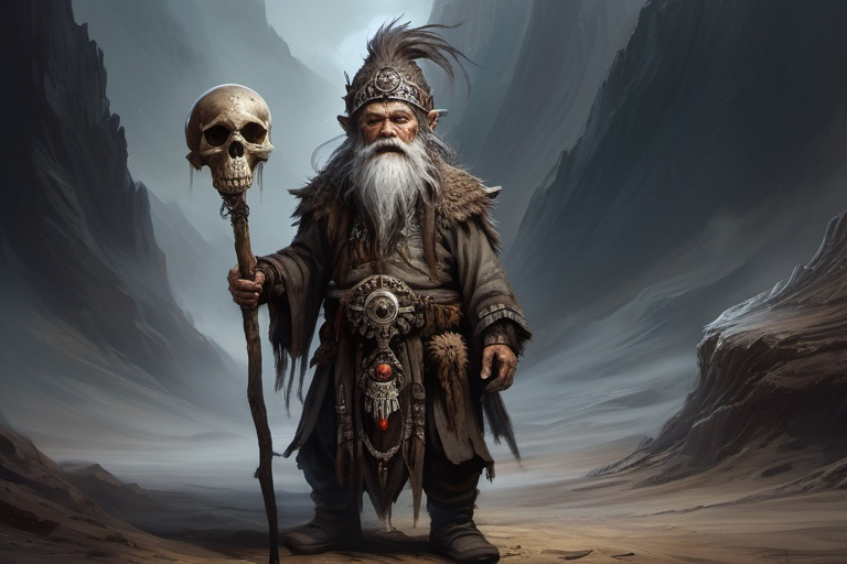 Prompt: (full-body) concept art of high fantasy wizened old male gnome deathspeaker shaman, oil painting, dark atmospheric lighting, high fantasy, highly detailed background, dark gritty tones, professional illustration, painted, art, painterly, thick gray and brown hair, thick gray and brown beard, crazed crazy possessed wild expression, shamanistic staff with skulls tied to it, shaman robes, soft shadows, soft highlights, very short subject, standing in highly detailed desolate wasteland background, windswept charred misty foggy rocky craggy dead wasteland background, skull and bone tribal fetishes, alchemical component pouches attached to belt, shamanistic tribal headdress, 