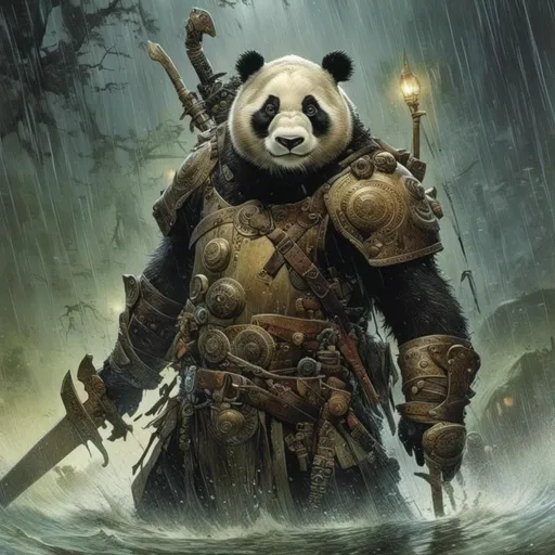 Prompt: <mymodel>A  full body portrait for the concept character design of 

a threatening fierceful anthropomorphic panda bear
paladin crossing a gloomy flooded mangroove in  the middle  of a  rainstorm

, a stunning Frank Frazetta masterpiece by  Donato  Giancola  and  Terese Nielsen

, neat and clean composition made of neat and clear tangents full of negative space 

, ominous dramatic lighting with detailed shadows and highlights enhancing depth of perspective and 3D volumetric drawing

, a vibrant and colorful painting in HDR