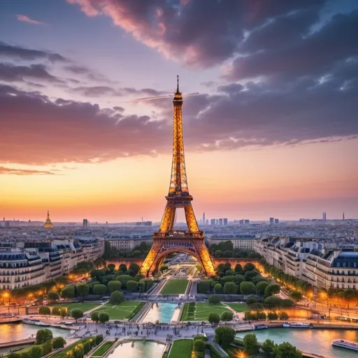 Prompt: Eiffel Tower in Paris, majestic HDR cityscape, vibrant sunset, bustling city lights, high-quality 4k resolution, detailed architecture, romantic atmosphere, iconic landmark, vibrant colors, glowing city skyline, HDR, vibrant, romantic, detailed, high-quality