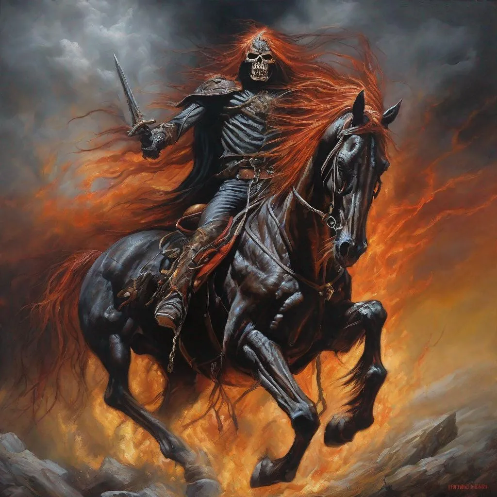 Prompt: Eddie from Iron Maiden as the horseman, oil painting, detailed facial features, menacing and apocalyptic vibe, high quality, dark and intense, heavy metal, detailed horse anatomy, fiery color tones, dramatic lighting, epic and grandiose, oil painting, detailed facial features, menacing, apocalyptic, horseman, heavy metal, fiery tones, dramatic lighting, epic