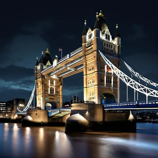 Prompt: Thames, Tower Bridge, London, urban landscape, city lights, cool tones, nighttime, detailed architecture, high quality, digital painting, professional, atmospheric lighting