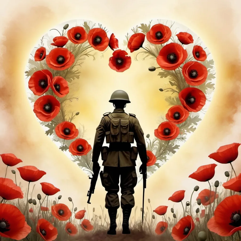 Prompt: Large heart shape with several semi-transparent poppies and , soldier silhouette paying respect in the centre ,dominant center poppy, yellowish mottled background, 4K quality, semi-realistic style, warm tones, soft lighting, detailed petals, floral design, ethereal atmosphere, semi-transparent, detailed, soft lighting, floral, warm tones, high quality, semi-realistic, poppies, large heart shape, detailed background