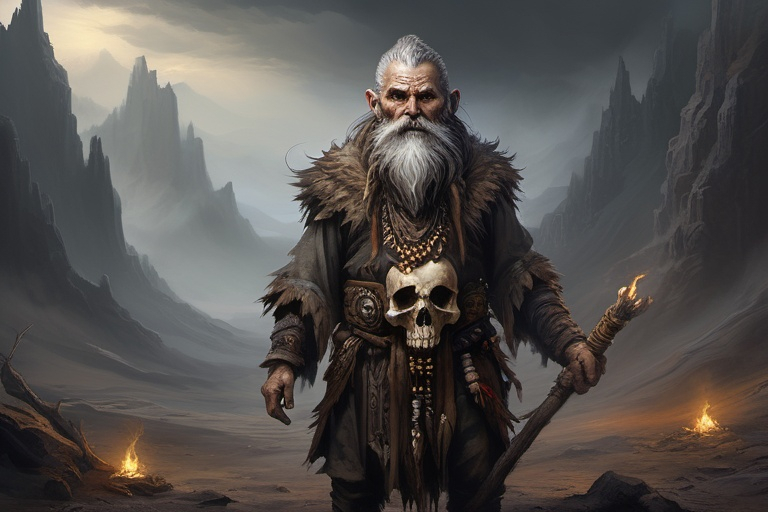 Prompt: (full-body) concept art of high fantasy wizened old male gnome deathspeaker shaman, oil painting, dark atmospheric lighting, high fantasy, highly detailed background, dark gritty tones, professional illustration, painted, art, painterly, thick gray and brown hair, thick gray and brown beard, crazed crazy possessed wild expression, shamanistic staff with skulls tied to it, shaman robes, soft shadows, soft highlights, very short subject, standing in highly detailed desolate wasteland background, windswept charred misty foggy rocky craggy dead wasteland background, skull and bone tribal fetishes, alchemical component pouches attached to belt, shamanistic tribal headdress, 