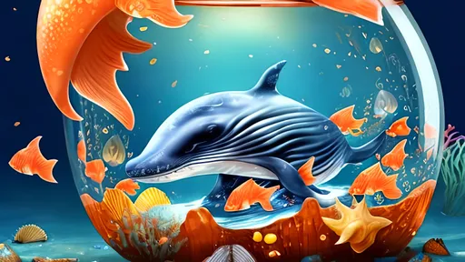 Prompt: A fantasy whale swimming in a Goldfish Bowl.very detailed, with sea floor also detailed with starfish shells etc, very realistic