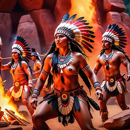 Prompt: Red Indians performing war dance, 3D bas relief, tepees, totem pole, 4k, HDR, intricate details, fiery atmosphere, traditional attire, fierce expressions, dynamic poses, intense lighting, vibrant colors, epic storytelling, large scale, high-quality rendering