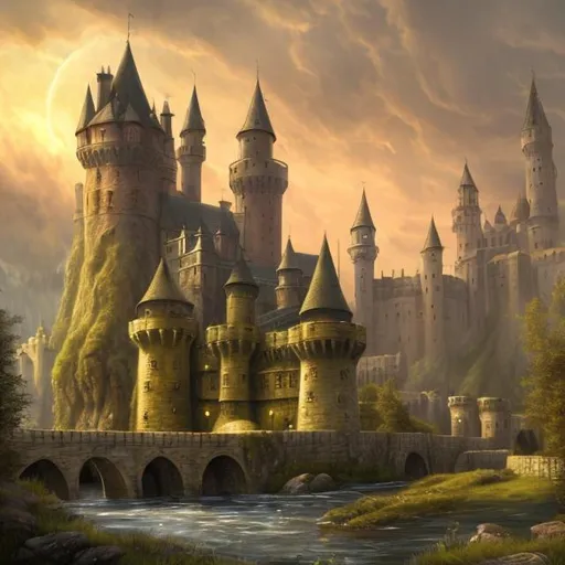 Prompt: Medieval fantasy illustration of a grand castle by a tranquil river, lush greenery, enchanting setting, high quality, detailed, fantasy, medieval, castle, river, lush greenery, enchanting, atmospheric lighting