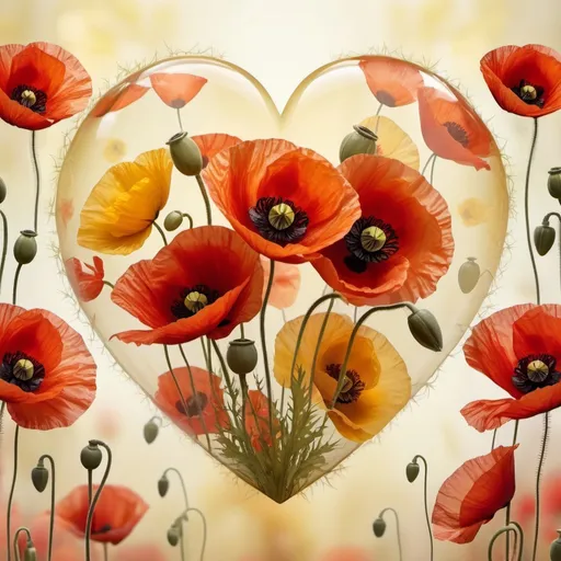 Prompt: Large heart shape with several semi-transparent poppies, dominant center poppy, yellowish mottled background, 4K quality, semi-realistic style, warm tones, soft lighting, detailed petals, floral design, ethereal atmosphere