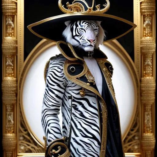 Prompt: Humanoid White Tiger in a long gold & white peacoat and wide-brimmed Black hat, luxurious fabric with intricate details, intense and piercing gaze, fantasy art, opulent gold tones, dramatic lighting, high-res, ultra-detailed, fantasy, luxurious, detailed fur, regal, opulent, extravagant, wide-brimmed hat, humanoid, fierce presence