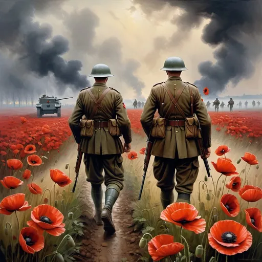 Prompt: Poppy Fields in Flanders, soldiers in battlefield, WW2, vibrant red poppies, somber atmosphere, high quality, realistic, historical, dramatic lighting, detailed soldier uniforms and faces, war-torn landscape, foggy morning, intense emotions, realistic, oil painting, historical, somber tones, dramatic lighting