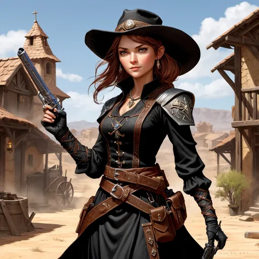 Prompt: Dungeons and Dragons character art of petite female gunslinger, she's noble and gambling charlatan, she wears a black peasant dress and holds a pepperbox firearm gun, digital art, high detailed, masterpiece, dynamic pose shooting sniper, Percival de Rolo as female