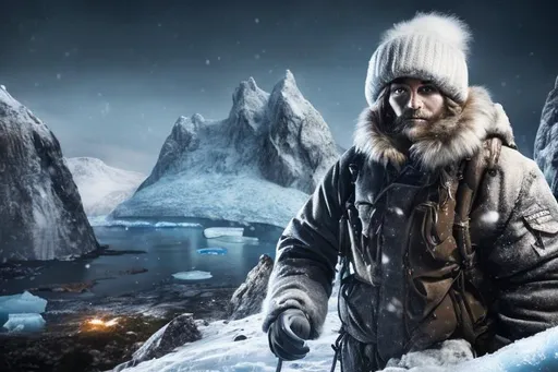 Prompt: Arctic explorer in snowy mountains, highly detailed, detailed facial features, ice and snow textures, highres, realistic, rugged terrain, winter gear, professional, atmospheric lighting, extreme conditions, frosty atmosphere, detailed equipment, adventure, cold tones, detailed fur and fabric, mountainous landscape, detailed backpack and tools, detailed facial features, snowy peaks, detailed ice, realistic snow, blizzard conditions, intense gaze