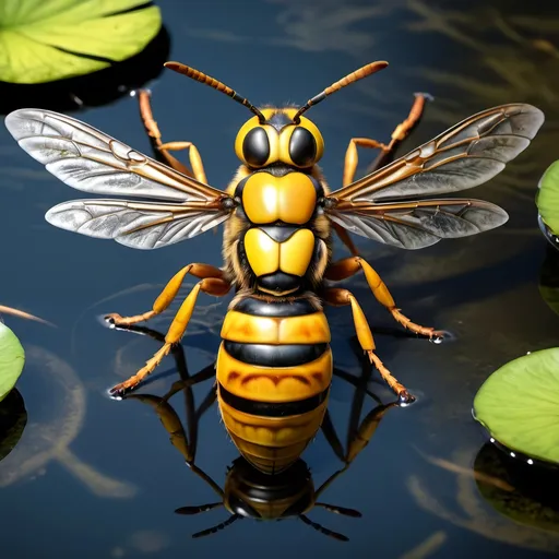 Prompt: hyper realistic hornet over a pond, 3D bas relief, extremely detailed, 4k, HDR, nature, realistic, high definition, detailed texture, detailed wings, intricate details, lifelike, reflective surface, bas relief, pond, realistic lighting
