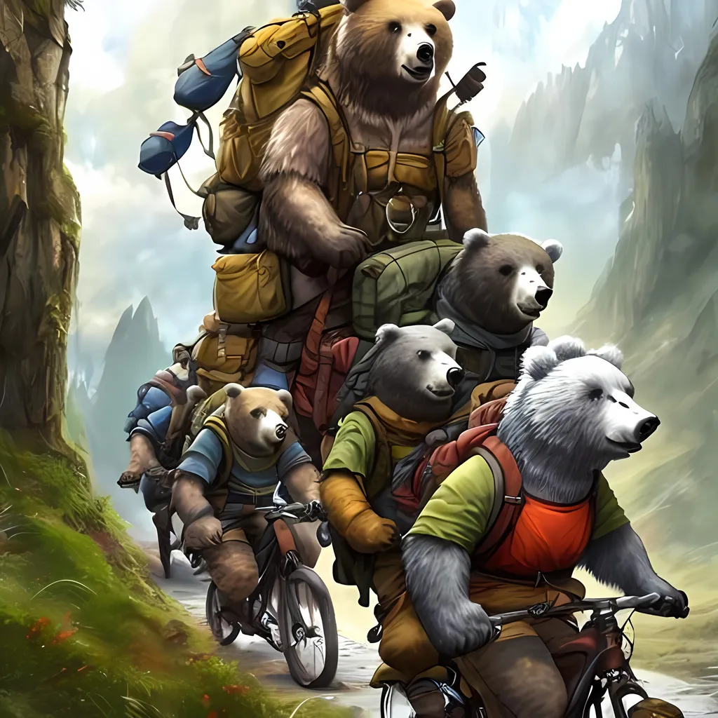 Prompt: 5 Fantasy Bears cycling with rucksacks and climbing gear on