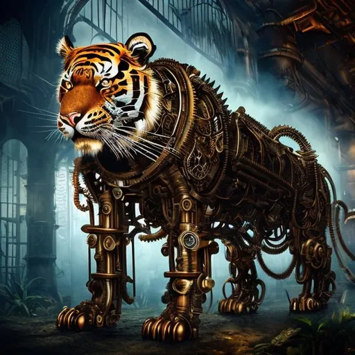 Prompt: 

Mechanical Tiger, steampunk style, intricate details,in Junglel atmospheric lighting, gothic, steampunk, intricate design, mechanical, detailed fur, jungle vegitation, high quality, professional, atmospheric lighting