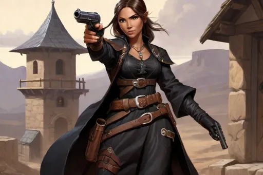 Prompt: Dungeons and Dragons character art of petite female gunslinger, she's noble and gambling charlatan, she wears a black peasant dress and holds a pepperbox firearm gun, digital art, high detailed, masterpiece, dynamic pose shooting sniper, Percival de Rolo as female