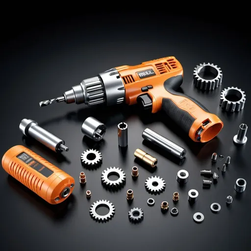 Prompt: Exploded view of disassembled battery-operated drill, metal and plastic components scattered, high quality rendering, realistic 3D modeling, industrial, explosion effect, detailed components, dramatic lighting, cool lighting effects, mechanical, DIY, tools, power tools, intense shadows, dynamic composition, intricate details, metallic textures, professional, highres