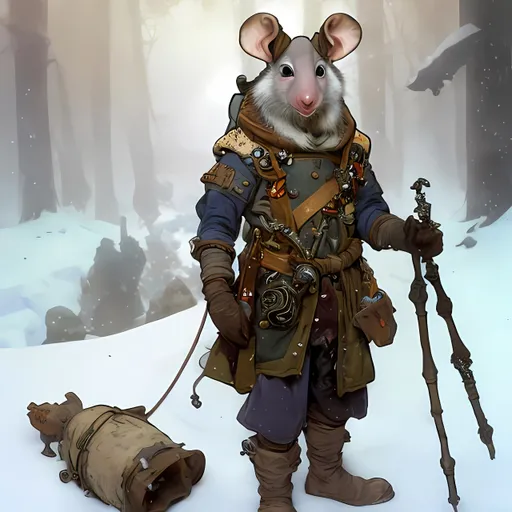 Prompt: A medieval anthropomorphic rat tinkerer artificer wearing an artic explorer outfit with adventuring gear full of pockets and harness holster belts in the middle of a snowstorm , a stunning Alphonse Mucha's masterpiece in <mymodel> sci-fi fantasy artstyle by Anders Zorn and Joseph Christian Leyendecker , neat and clear tangents full of negative space , a dramatic lighting with detailed shadows and highlights enhancing depth of perspective and 3D volumetric drawing , a vibrant and colorful high quality digital painting in HDR