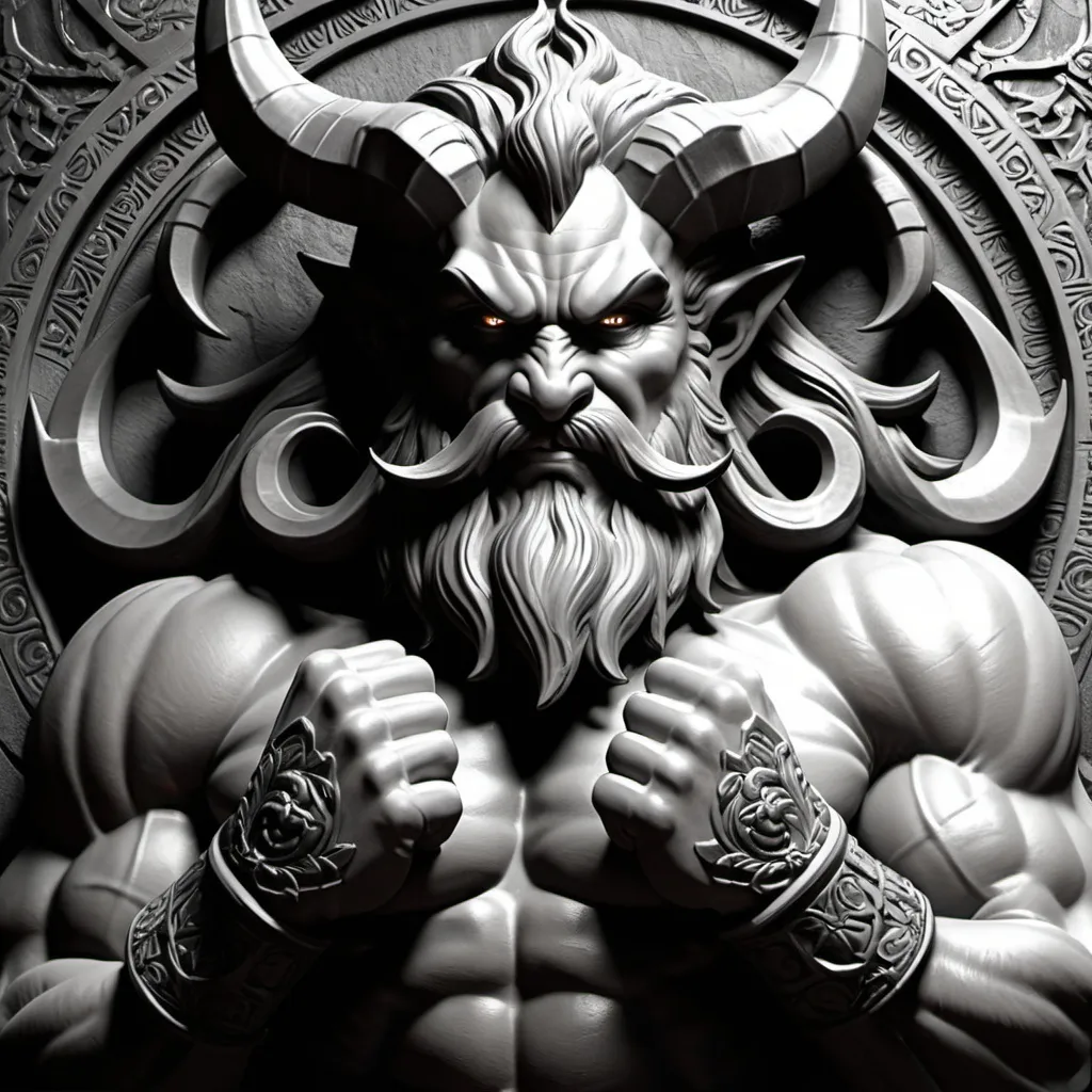 Prompt: a drawing of a demon with horns and a beard, holding a fist up to his chest and a fist in his other hand, Ed Binkley, sumatraism, elden ring, concept art,3d Bas relief