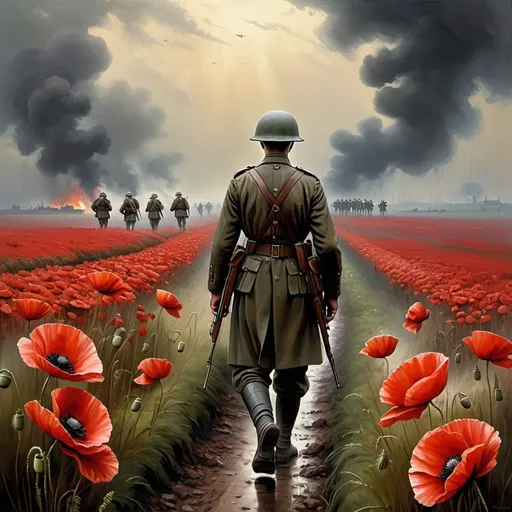 Prompt: Poppy Fields in Flanders, soldiers in battlefield, WW2, vibrant red poppies, somber atmosphere, high quality, realistic, historical, dramatic lighting, detailed soldier uniforms and faces, war-torn landscape, foggy morning, intense emotions, realistic, oil painting, historical, somber tones, dramatic lighting