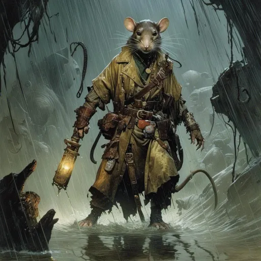 Prompt: <mymodel>A  full body portrait for the concept character design of 

a threatening fierceful anthropomorphic rat,
paladin crossing a gloomy flooded mangroove in  the middle  of a  rainstorm

, a stunning Frank Frazetta masterpiece by  Donato  Giancola  and  Terese Nielsen

, neat and clean composition made of neat and clear tangents full of negative space 

, ominous dramatic lighting with detailed shadows and highlights enhancing depth of perspective and 3D volumetric drawing

, a vibrant and colorful painting in HDR