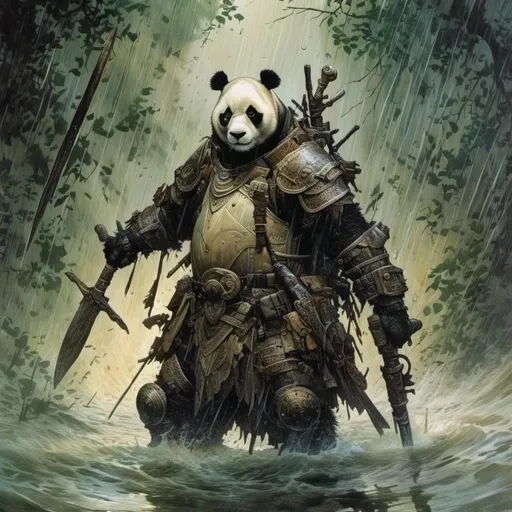 Prompt: <mymodel>A  full body portrait for the concept character design of 

a threatening fierceful anthropomorphic panda bear
paladin crossing a gloomy flooded mangroove in  the middle  of a  rainstorm

, a stunning Frank Frazetta masterpiece by  Donato  Giancola  and  Terese Nielsen

, neat and clean composition made of neat and clear tangents full of negative space 

, ominous dramatic lighting with detailed shadows and highlights enhancing depth of perspective and 3D volumetric drawing

, a vibrant and colorful painting in HDR