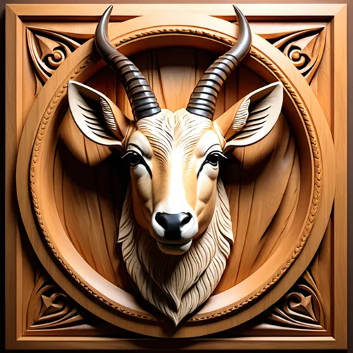 Prompt: Antelopes Head in 3D bas relief, wooden carved frame, realistic texture, high-quality, detailed craftsmanship, warm lighting