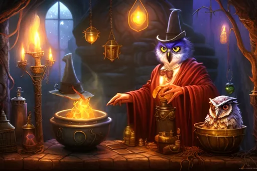 Prompt: Magician working in a mystical laboratory, bubbling cauldron, wise owl perched on a branch, fantasy setting, magical books and artifacts, enchanting atmosphere, high quality, fantasy, mystical, detailed magician, mystical laboratory, bubbling cauldron, wise owl, magical books, enchanting atmosphere, fantasy setting, detailed animals, atmospheric lighting