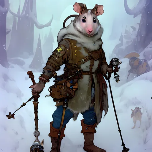 Prompt: A medieval anthropomorphic rat tinkerer artificer wearing an artic explorer outfit with adventuring gear full of pockets and harness holster belts in the middle of a snowstorm , a stunning Alphonse Mucha's masterpiece in <mymodel> sci-fi fantasy artstyle by Anders Zorn and Joseph Christian Leyendecker , neat and clear tangents full of negative space , a dramatic lighting with detailed shadows and highlights enhancing depth of perspective and 3D volumetric drawing , a vibrant and colorful high quality digital painting in HDR