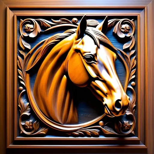 Prompt: Horses Head in 3D bas relief, wooden carved frame, realistic texture, high-quality, detailed craftsmanship, warm lighting